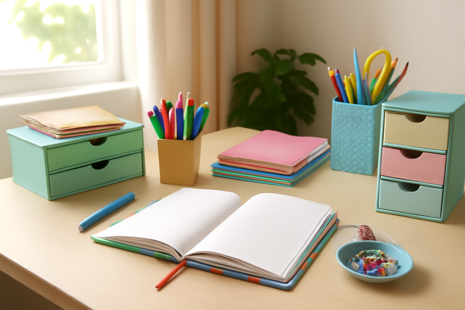مكتب دراسة مرتب يحتوي على أدوات قرطاسية منظمة بألوان زاهية في غرفة مضاءة طبيعيًا