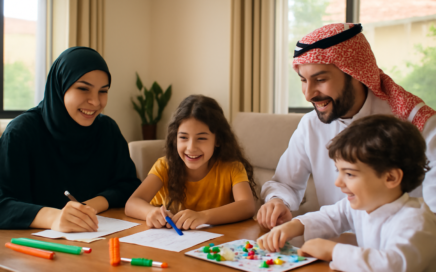 عائلة سعودية تستمتع بأنشطة منزلية مشتركة في عطلة نهاية الأسبوع