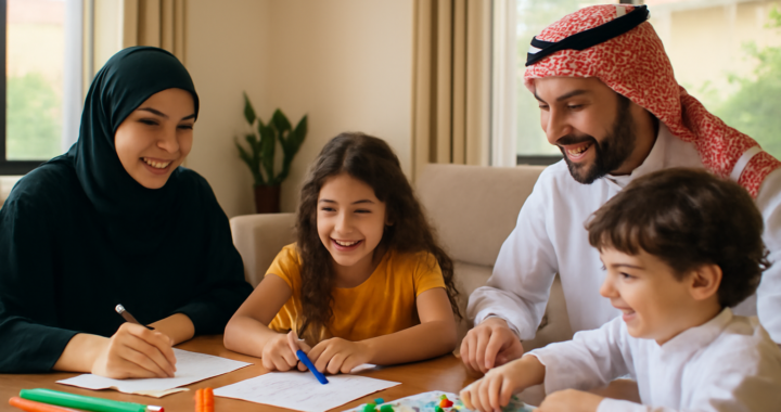 عائلة سعودية تستمتع بأنشطة منزلية مشتركة في عطلة نهاية الأسبوع