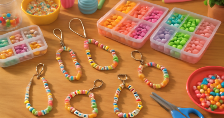 Workspace showing colorful beads and handmade beaded charms for bags and phones