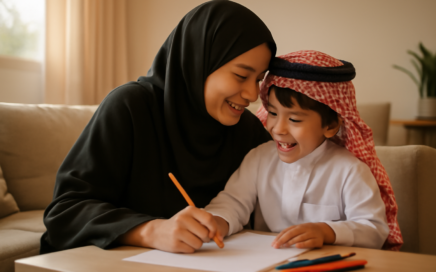 أم وابنها يمارسان نشاطًا إبداعيًا معًا في المنزل السعودي
