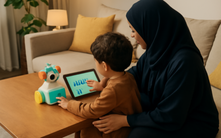 أم وطفل يتفاعلان مع روبوت تعليمي وتطبيق برمجة في منزل سعودي دافئ