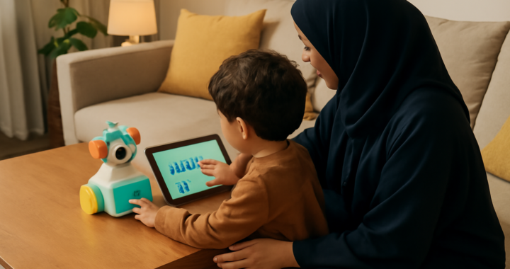 أم وطفل يتفاعلان مع روبوت تعليمي وتطبيق برمجة في منزل سعودي دافئ