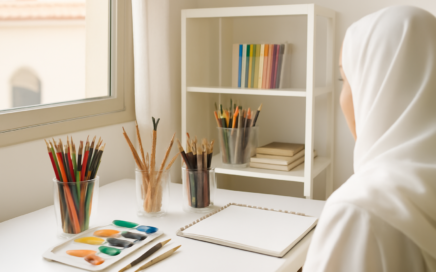مساحة عمل منظمة لأدوات الرسم والتلوين مرتبة بعناية في غرفة داخل منزل سعودي